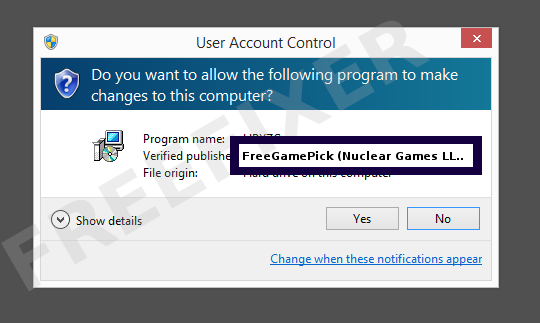 Screenshot where FreeGamePick (Nuclear Games LLC) appears as the verified publisher in the UAC dialog